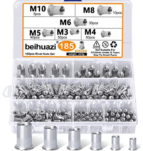 185Pcs Tuerca de Remache Threaded Insert Inox Roscado Acero Inoxidable Nutsert Rivet Nut Remahce de Cabeza Plana Tuerca de Remache con Rosca M3 M4 M5 M6 M8 M10 Acero Inoxidable