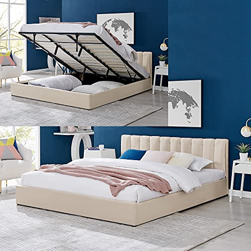 Bravich Ottoman Super King Bed Frame. 6FT Plush Velvet Super King Size Bed With Contemporary Headboard. Gas Lift Bed With Underbed Storage, 213cm x 182cm (Super King, Cream, No Mattress)