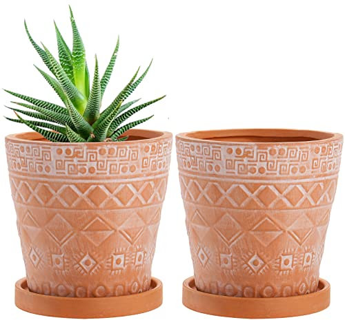 Cedilis 2 Pack Terracotta Pots, 5 Inch/12.7 cm Red Clay Planter Pots with Drainage and Saucers, Ceramic Pottery Succulent Planter, Garden Cactus Flower Planters with White Geometric Designs