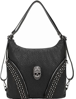 SMALLBLUER Damen Totenkopf Nieten Hobo Schulter Handtasche Verdeckte Trage Umhängetasche-Schwarz