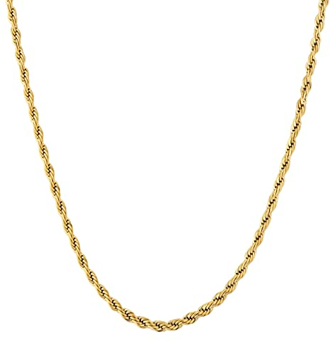 KRKC&CO 2,5mm dünne Kordelkette Rope Kette Edelstahl, 18K Gold beschichtet Zopfkette, feine Goldkette für Herren Damen, Unisex Rope Halskette Seilkette, Geburtstag Weihnachten Geschenke, Länge 55,9cm