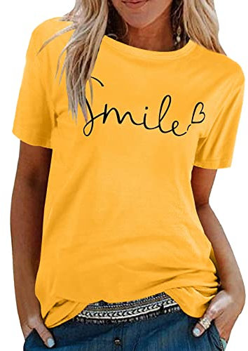 Tuopuda T-Shirt Damen Sommer Oberteile Rundhals Kurzärmeliges Print Bluse Basic Shirt Bequem Baumwolle Tunika Tee Tops Schlank Hemd für Frühling Sommer Herbst, Z1-Gelb, S