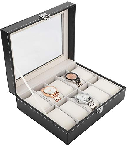HURRISE Schmuck Vitrine, Uhrenbox Uhrenkasten Uhrenbox 10 Steckplätzen Uhrengehäuse Schmuckkästchen Herren Watch Box For Aufbewahrung Tragbare Pu Uhrenbox Mit Glas Schmuck Vitrine
