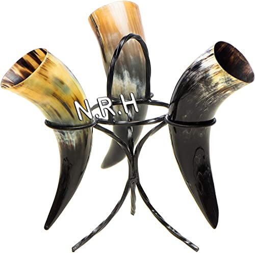 Nautical Replica Hub Set of 3 Viking Drinking Horns with Metal Stand for Men and Women - Genuine Handcrafted Viking Horn Cups for Mead, Ale and Beer