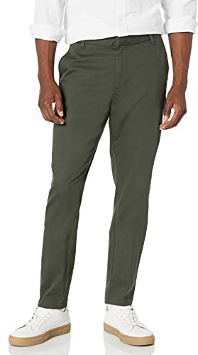 Amazon Essentials Pantalon chino extensible à coupe ajustée et infroissable, sans pinces Homme, Olive Foncé, 32W / 31L
