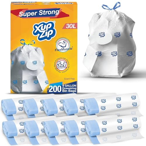 XupZip Drawstring Bin Bags 30L - Heavy Duty - Strong Flex Power Trash Bags - Leakproof Garbage Bags - Easy Open Plastic Bags for Kitchen, Office (10 Rolls x 20 (200))