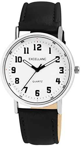 Excellanc Herren-Uhr Kunstleder Dornschließe Leuchtzeiger Analog Quarz 2900229 (schwarz weiß)