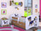 Happy Babies Kinderbett - mit Rausfallschutz Junge 140x70 Bett für Kinderzimmer mit Schublade & Matratze | Bunter Aufkleber | Einzelbett für Kinder Weiß Blau Hundemotiv Holzbraun