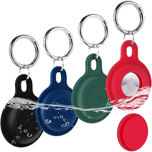 4 Pack wasserdicht Airtag Halter, Fhtase Soft Silikon Apple Airtag Keychain Fall versteckt für Hundehalsband, Gepäck, Tracker Key Ring, 360 Full Body Coverage Schutz