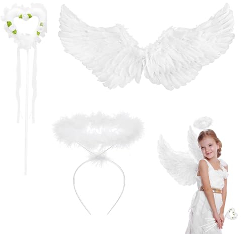 Alas de Angel Blanco, 60*35cm Disfraz de Alas de Angel con Aureola y Varita, Alas de Plumas de Angel Blanco Disfraz de Angel para Niños para Halloween Carnaval Cosplay Fiesta Cosplay