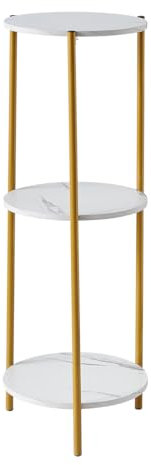 PCGAGA Corner Table, 90cm Tall Side Table, Plant Stand Cake Stand - White Marble-Like, 3 Shelves, Round
