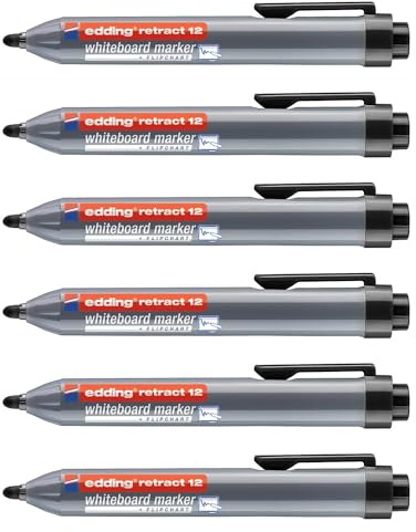 Edding Whiteboard-Marker, Retract 12, Schwarz, runde Spitze, 1,5 – 3 mm, 6 Stück