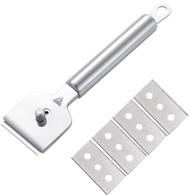 Rascador de cristal para placa de inducción con 4 cuchillas de repuesto, rascador para placa de cocina de cerámica con mango antideslizante y protección de hoja para limpieza de cerámica, horno, placa