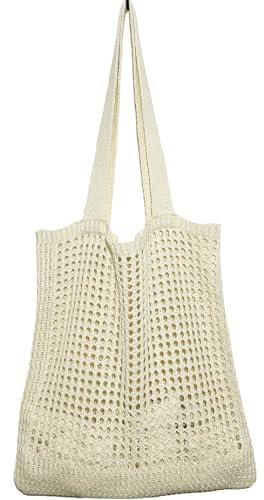 WantGor Häkeltaschen, Strand Mesh Tragetasche Damen Umhängetasche Einkaufstasche Lässige Reisetaschen Tasche faltbar Hobo Taschen (Beige)