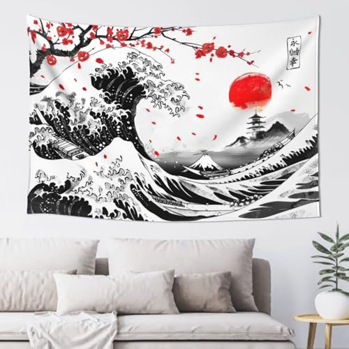 The Great Wave Tapisserie, japanischer Ozean, Meereswelle, Vintage-Tapisserie, asiatischer Anime-Wandteppich, ästhetischer Kanagawa-Wandteppich, Motiv: Berge, Sonnenuntergang, rote Sonne, Kirsche,