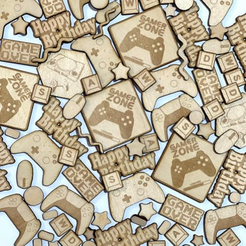 DIWULI Tisch-Konfetti aus Holz Happy Birthday Gaming | Made in Germany | 100 Teile | Tisch-Konfetti für Kinder-Geburtstag Junge Mädchen | Geburtstagsdeko Gamer Zone Zocker Gamepad