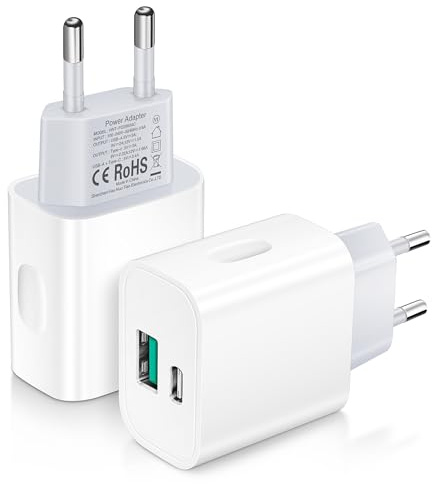 Ladegerät USB C, 2-Pack 20W 2 Port (PD+QC) USB Netzteil Schnellladegerät | Handy USB Stecker Kompatibel mit iPhone 16/15/14, LG Series, Huawei, BlackBerry, Samsung Galaxy S20 S20+