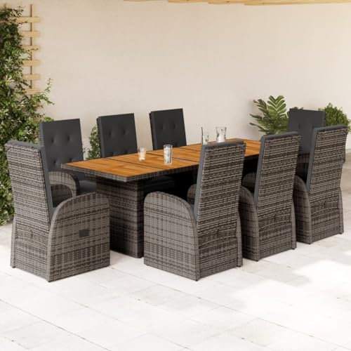 Homgoday 9-TLG. Garten-Essgruppe mit Kissen Gartenmöbel Set Sitzgruppe Gartentisch mit Stühle Gartenstuhl Verstellbarer Gartengarnitur Terrassenmöbel Balkonmöbel Poly Rattan Grau