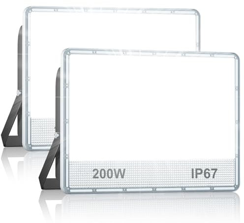 Projecteur Exterieur LED - 2 PACK 200W 20000LM 200 Puces Spot LED Extérieur avec IP67 Étanche Éclairage Extérieur, 7000k Blanc Froid Eclairage Exterieur LED pour Terrasse, Cour, Jardin, Garage, Usine