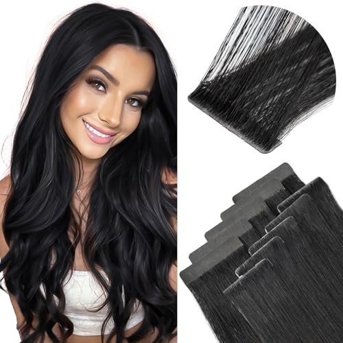 Elailite Injection Tape in Hair Extensions Human Hair - Invisible Skin Weft Remy Natural Real Hair Extension Straight 10 Pcs 20g - #1 Jet Black - 12 Inch