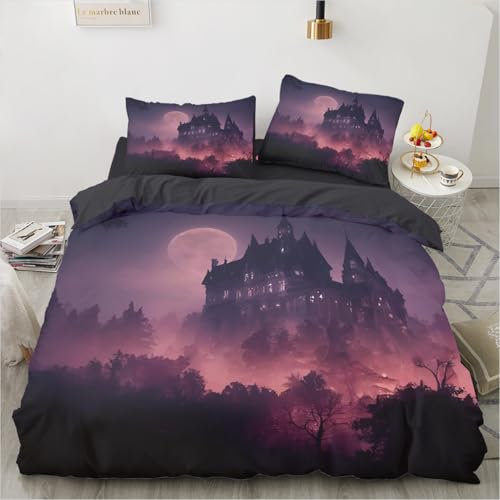 Luowei Biancheria da letto per Halloween, 200 x 220 cm, motivo: castello, luna, viola, 3D, gotico, per Halloween, in morbida microfibra, 3 pezzi, regalo con chiusura lampo e 2 federe da 80 x 80 cm