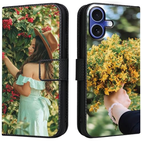 CAXKJE Personalised Photo Phone Case for iPhone 16,Design Your Own Photo Image,Text Phone Case,PU Leather Flip Cover Wallet Case Anti Drop Personalised Case -SAMHD-Black