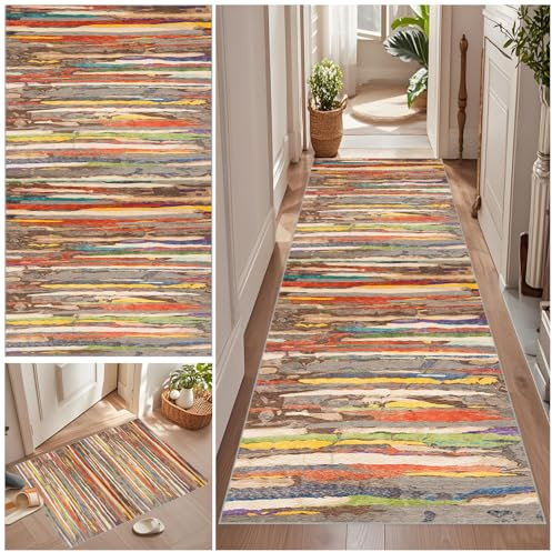 Teppich Läufer Flur Lang 120 x 300 cm Rutschfest Küche Teppich Waschbar Korridor Teppich Flurläufer Lang Korridor Teppich Läufer Flur Vintage Teppich für Wohnzimmer Küche Schlafzimmer Meterware