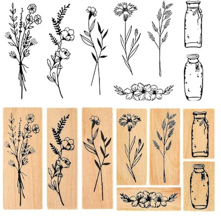 JOZMMZEOOA 8 Stücke Holzstempel,Pflanze Mustern Stempelset Gummi Prägestempel Bastelstempel Vintage Blume Holz Tagebuch Stempel,für Kartenbasteln Scrapbooking Bullet Journal Geschenkverpackung