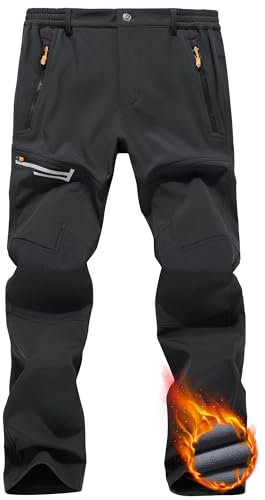 Peakwell Men's Waterproof Hiking Trousers Outdoor Fleece Lined Work Walking Pants with Zip Pockets, Black, 32