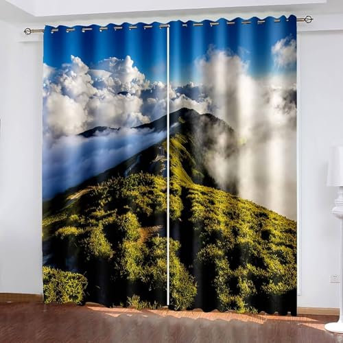 Mesnt Gardine Fenster Blickdicht, 152x274cm Blau Grün Weiß Landschaft Berge und Wolken Vorhang für Wohnzimmer