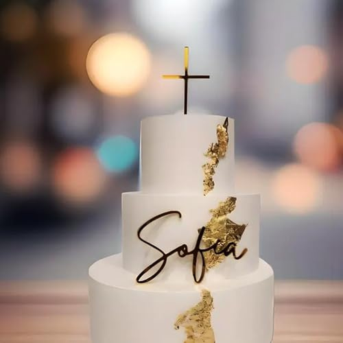 Topper For Torta Con Nome E Croce Personalizzati/Battesimo, Set Di Targhe Con Nome Personalizzato E Ciondolo A Forma Di Croce For Torta, Battesimo, Prima Comunione