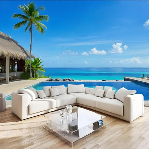 Swimming Pool Beach Wall Mural 3D Effect Blue Sky and White Clouds Non-Woven Self-Adhesive Wallpaper Living Room Bedroom Home Decor TV Background Large Art Wall Painting 400x280 cm