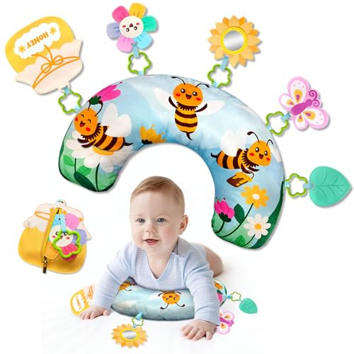 BOHEMIABY Biene Baby Tummy Time Kissen, Niedlich Bauchlage Kissen Baby, Sensorik Spielzeug mit Abnehmbarer Sonnenblumenspiegel, Honigtopf Reißverschlusstasche Für Kinder von 0-24 Monaten