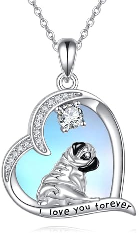 DAYLINLOVE Mops Hund Kette 925er Sterling Silber Mops Mondstein Herzform Anhänger Halskette Hund Haustier Welpe Schmuck Geschenke für Damen Mädchen