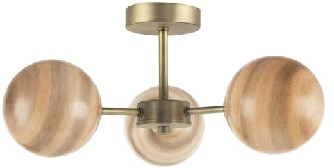 Happy Homewares Modern Designer Antique Brass Ceiling Light Fitting with Amber Stripe Marble Glass Shades | 20cm x 44cm | 3 x 5w G9 | Ideal for Low Ceilings