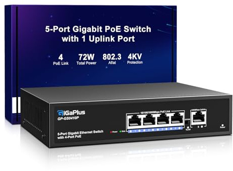 5 Port Gigabit PoE Switch with 4 Port PoE+ 1000Mbps, 1 x 1000Mbps Uplink, GiGaPlus 5 Port IEEE802.3af/at PoE @72W, Support VLAN, Metal Housing, Desktop or Wall-Mount, Plug & Play