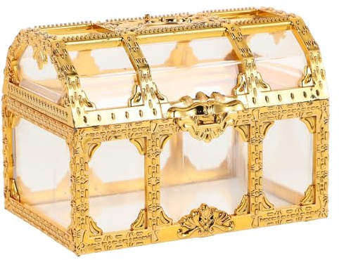 Housoutil Transparente Kleine Schatztruhe aus Kunststoff in Gold Aufbewahrungsbox für Süßigkeiten Kinderschatzkiste und Partydekoration mit Deckel Praktische Geschenkbox für Hochzeit