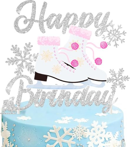 Ice Skating Birthday Cake Topper, Silver Glitter Snowflake Roller Skates, Winter Ice Skating Theme Party Decorations for Kids