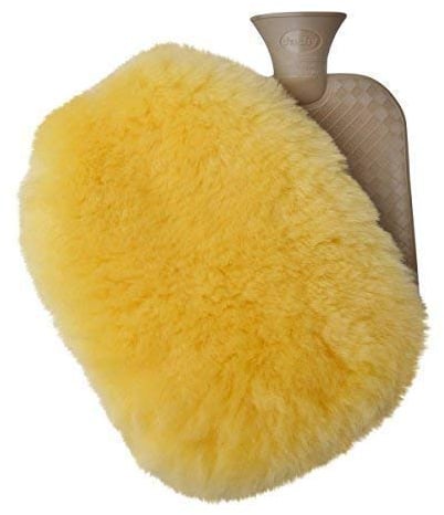 Lammfell - WÄRMFLASCHE SET 2,0 L Kuscheliger Wärmflaschenbezug + Gummi Flasche Farbe Gelb