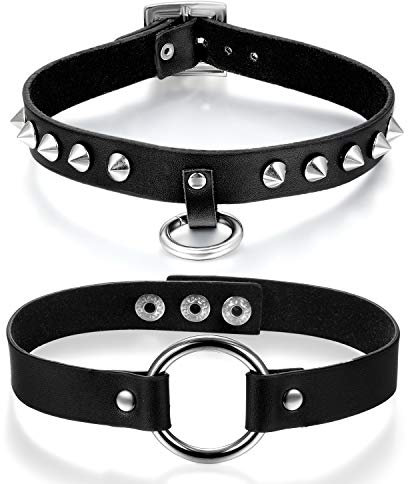 Cupimatch Choker Kette Set Gotik Punk Rock Lederhalsband Halskette Set, Leder schwarz einstellbar Kragen Halsband mit Spike Nieten Kreis, Lederband