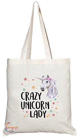 Coralgraph Inc TB323 Crazy Unicorn Lady Novelty Present Gift Printed Eco-Friendly Stylish Long Handled Tote Shoulder Bag