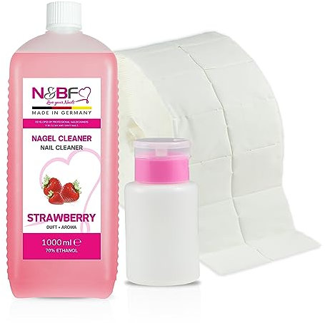 NAILS FACTORY Nettoyant pour ongles au parfum de fraise 1000ml flacon pompe distributeur (rose) 1000 tampons cellulosiques alcool à 70% d'éthanol