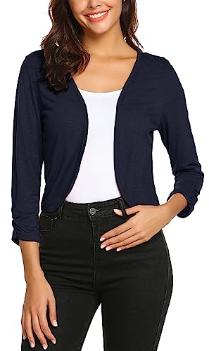 Parabler Bolero Damen Festlich Sommer Bolerojacke Open Front Jacke Elegant Cardigan 3/4 Ärmel Strickjacke Marine Blau Größe L