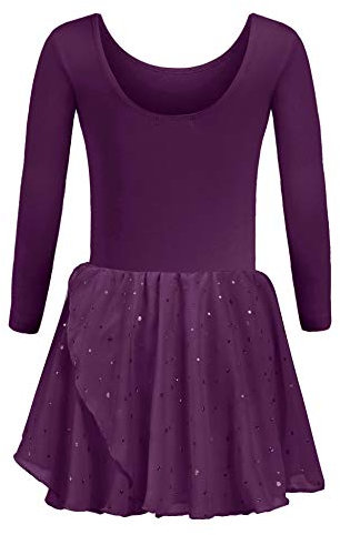trudge Vestito da Balletto per Ragazze Vestito da Balletto Viola a Maniche Lunghe Body da Ballo con tutù Body da Balletto con Paillettes Abiti da Ballerina 5-6 Anni
