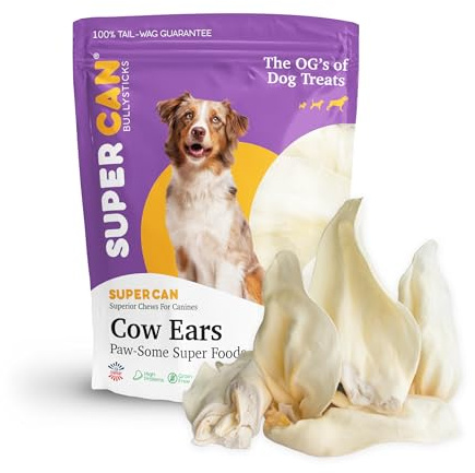 SUPER CAN BULLYSTICKS Natural Whole Cow Ears for Dogs (15 Count) | All Natural Angus Beef Ears | Easily Digestible High Protein Dog Snacks for Puppies, Large & Senior Dogs