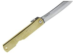 Higonokami 916 Couteau Lame Acier Carbone San Mai Aogami (laminé 3 Couches) Manche 10 cm en Laiton Jaune