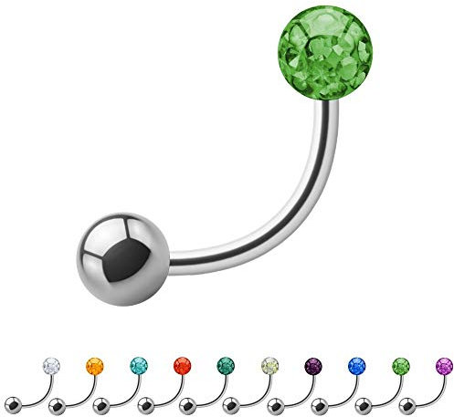 Treuheld® | 1.6mm x 8mm Piercing Banane Silber | 5mm Kristall Kugel + 5mm Stahl Piercingkugel | Hell-Grün | Chirurgenstahl | Nabel, Intim