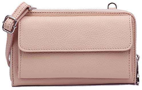 SH Leder Damen Handytasche Umhängetasche Geldbörse Multifunktion Beutel aus Echtleder Verstellbar Schultergurt Handy bis 6,7 Zoll 11,50x19cm Vera G368 (Hellrosa)