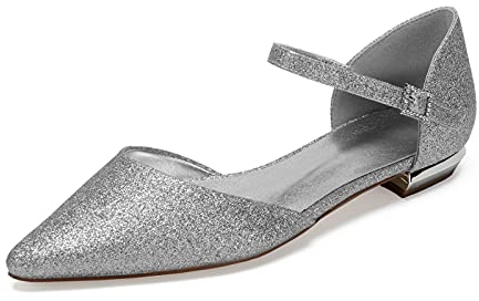 MGEM Damen Ballerinas Sommer Abendkleid Brautschuhe Knöchelriemen Spitze Flache Schuhe,Silber,43 EU