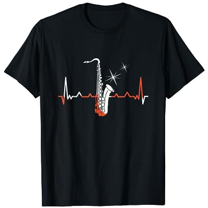 Redido Saxophon Jazz Herzschlag T-Shirt, Damen, Frauen, Unisex, Kurzarm, Klassische Passform, S, Schwarz, 100% Baumwolle, Saxophon Herzschlag Design